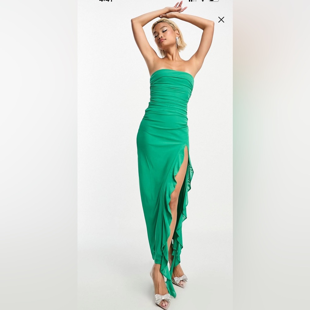 ASOS green bandeau ruffle maxi dress.